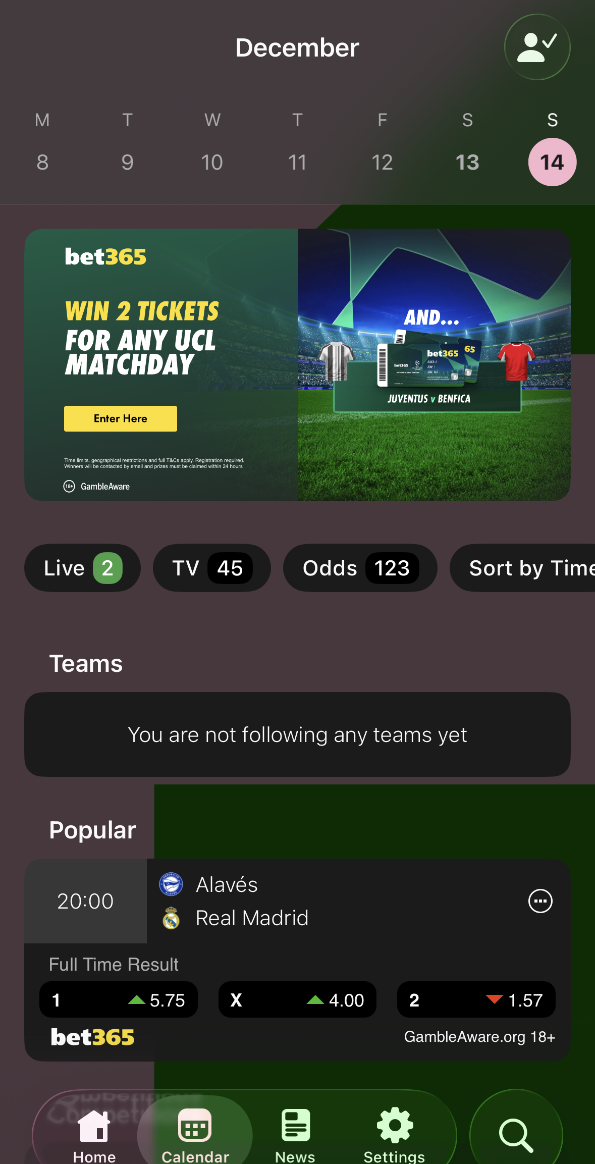 A football app with betting odds on every match